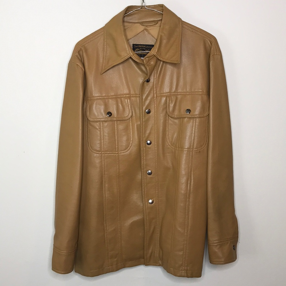 Vintage 70s Mustard Yellow Button Down Vinyl Long Sleeve Jacket Size Large